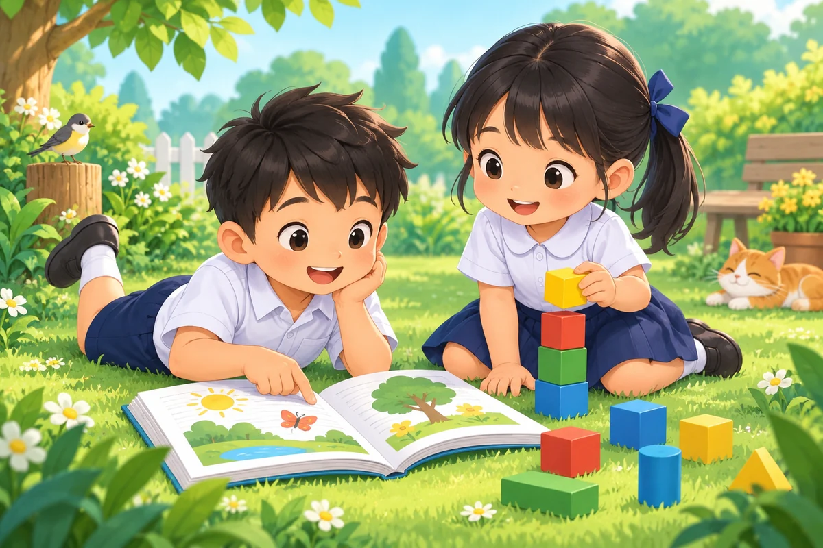 นักเรียนประถมอ่านหนังสือและเรียนรู้เรื่องจำนวนในสวน